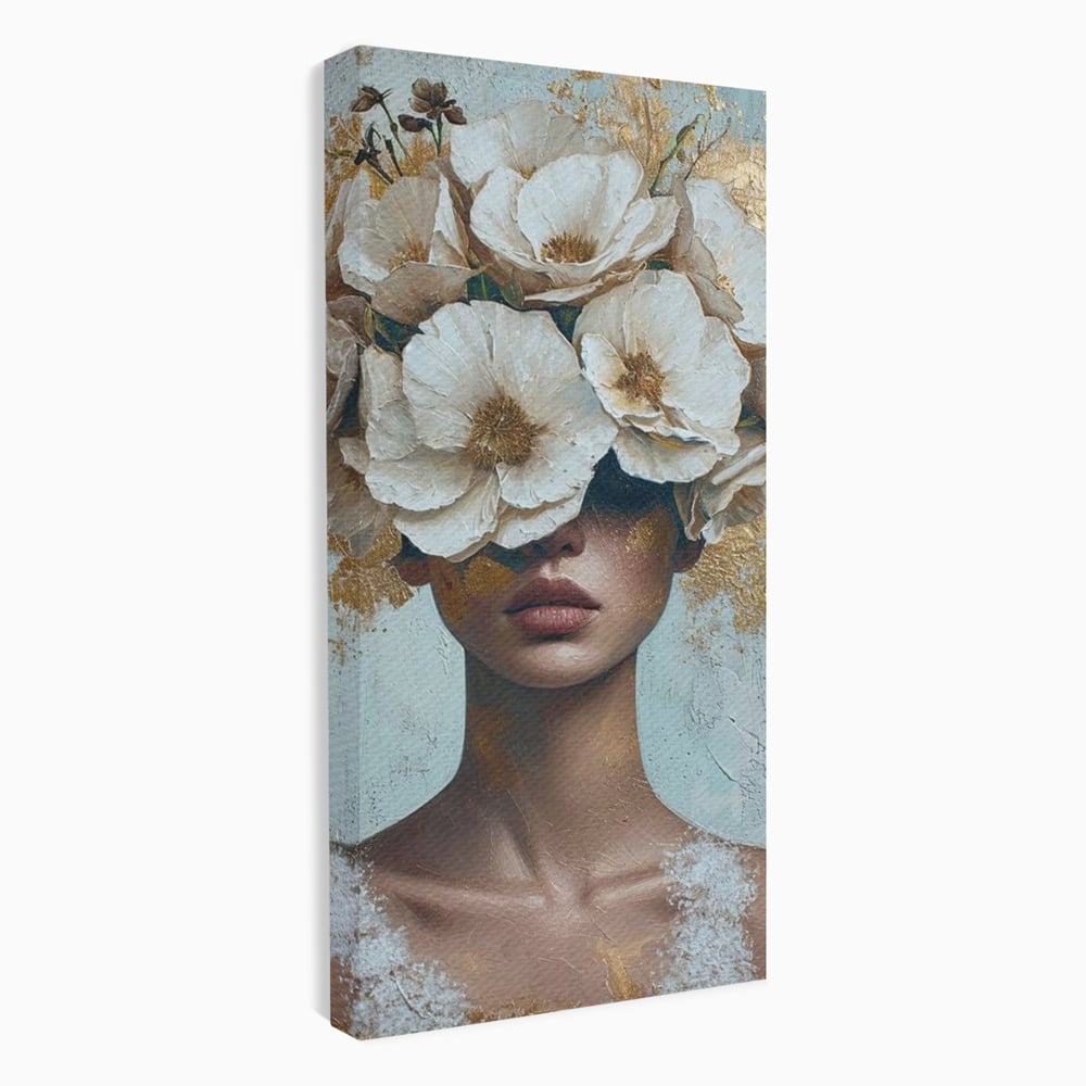 Tablou canvas cu tablou portret femeie cu flori albe, fara rama, pe sasiu de lemn